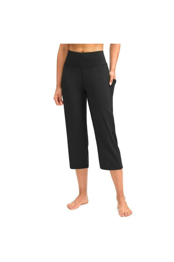Capri Pants for Women High Waist Workout Yoga Pants with Pockets Tummy Control Leggings Loose Dress Athletic Crop Straight Leg Pants,Workout Gym Outfits Soft Wide Leg Lounge Pants S
