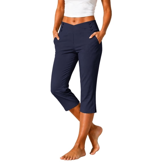 Capri Pants for Women High Waisted Straight Leg Stretch Lightweight Trousers Casual Work Golf Capris with Pockets Summer Fall Loose Breathable Pants Daily Travel Office Outfits, Dark Blue M