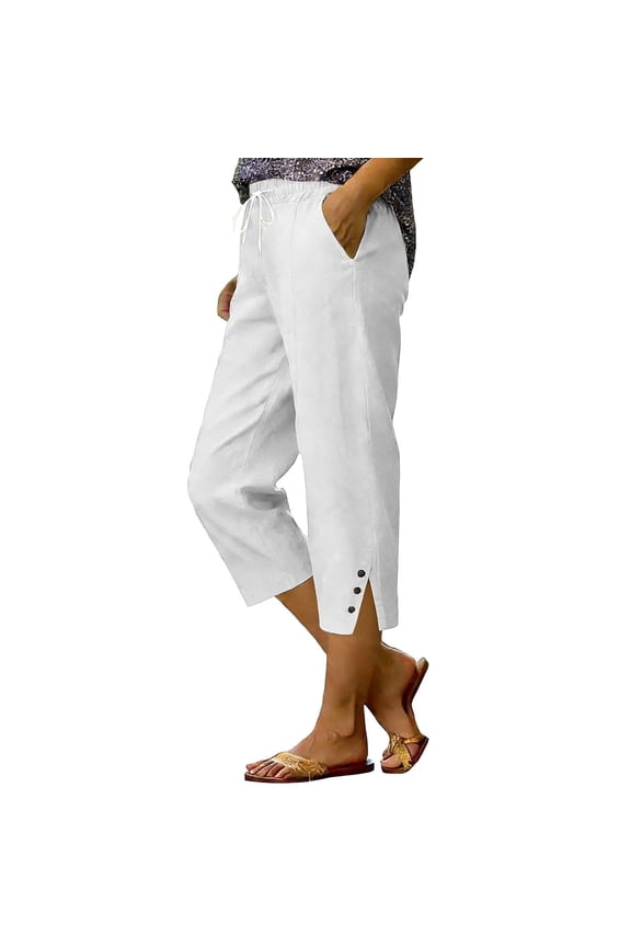 Capri Pants Women Lightweight Linen Button Cuffs Knee Length Trousers Summer Beach Vacation Pant with Pockets White 2XL