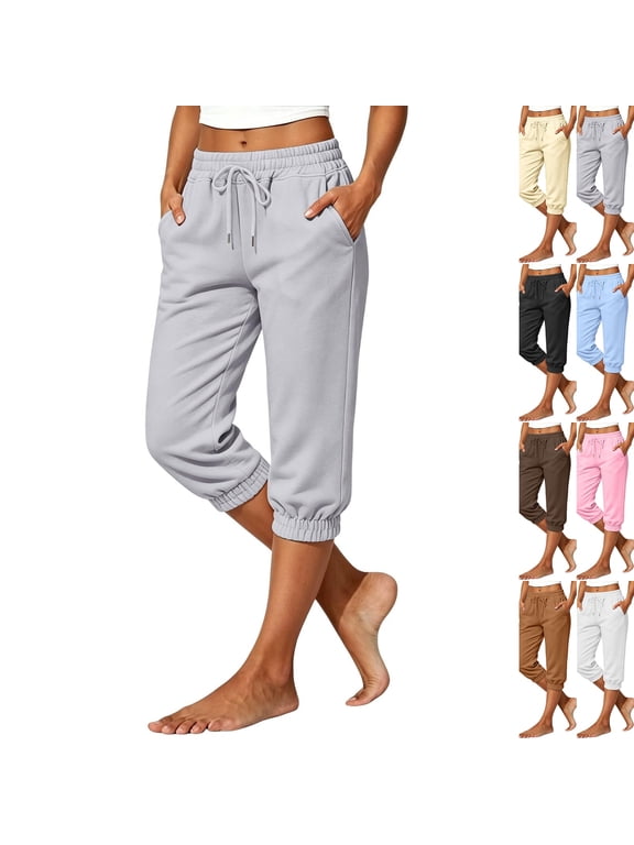 Capri Pants for Women Lounge Cotton Capri Sweatpants,Soft & Lightweight Pedal Pusher, Elastic Drawstring Waist, Cropped Running Joggers Petite Fall Light Gray,2XL