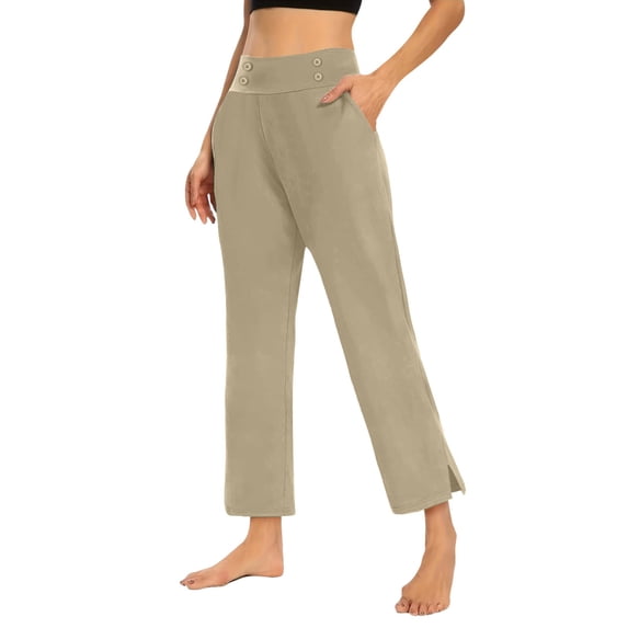 Capri Pants for Women with Pockets Wide Leg Pants Split Hem Designed Loose Athletic Yoga Slacks High Waist Elegant Trousers Crop Office Work Pants Stretch Summer Casual Yoga Capris Trousers Beige L