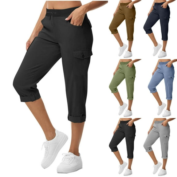 Capri Pants for Women Roll Hem Stretchy Cargo Joggers Bottoms Fall Three Quarter Capri Cropped 3/4 Trousers with Elasticated Waist Cherry Berry Fall Pants Sweatpants Sportwear
