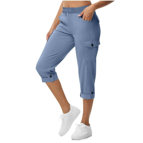Capri Pants for Women Roll Hem Stretchy Cargo Joggers Bottoms Fall Three Quarter Capri Cropped 3/4 Trousers with Elasticated Waist Cherry Berry Fall Pants Sweatpants Sportwear