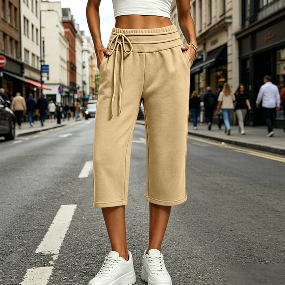 Capri Pants for Women Solid Color Loose Wide Leg Jogger Pants Elastic Double Drawstring Waist Button Cuff Thick Warm Fleece Stretch Breathable Casual Street Daily Walking Shopping Outdoor