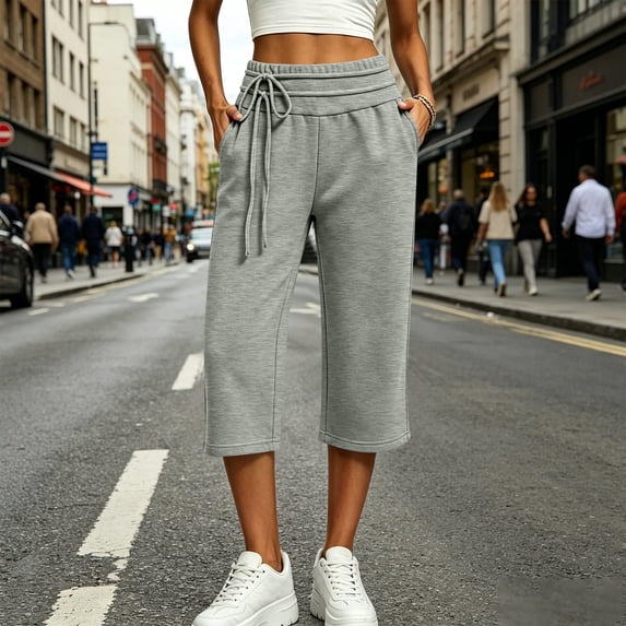 Capri Pants for Women Solid Color Loose Wide Leg Jogger Pants Elastic Double Drawstring Waist Button Cuff Thick Warm Fleece Stretch Breathable Casual Street Daily Walking Shopping Outdoor