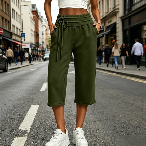 Capri Pants for Women Solid Color Loose Wide Leg Jogger Pants Elastic Double Drawstring Waist Button Cuff Thick Warm Fleece Stretch Breathable Casual Street Daily Walking Shopping Outdoor