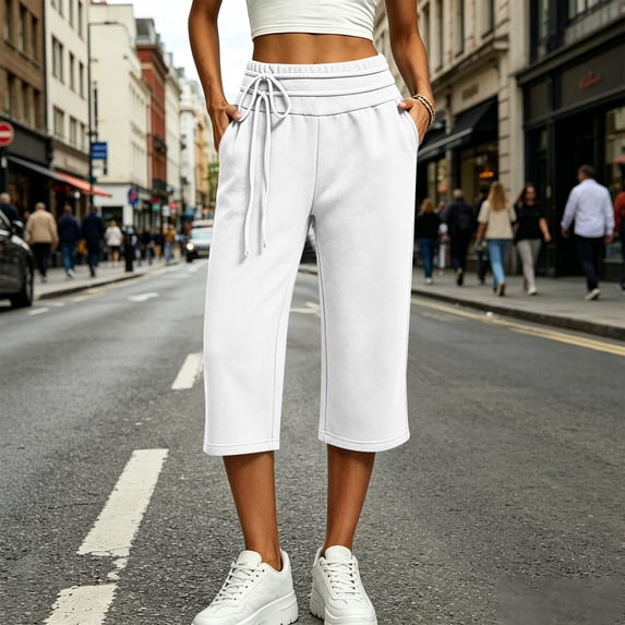 Capri Pants for Women Solid Color Loose Wide Leg Jogger Pants Elastic Double Drawstring Waist Button Cuff Thick Warm Fleece Stretch Breathable Casual Street Daily Walking Shopping Outdoor
