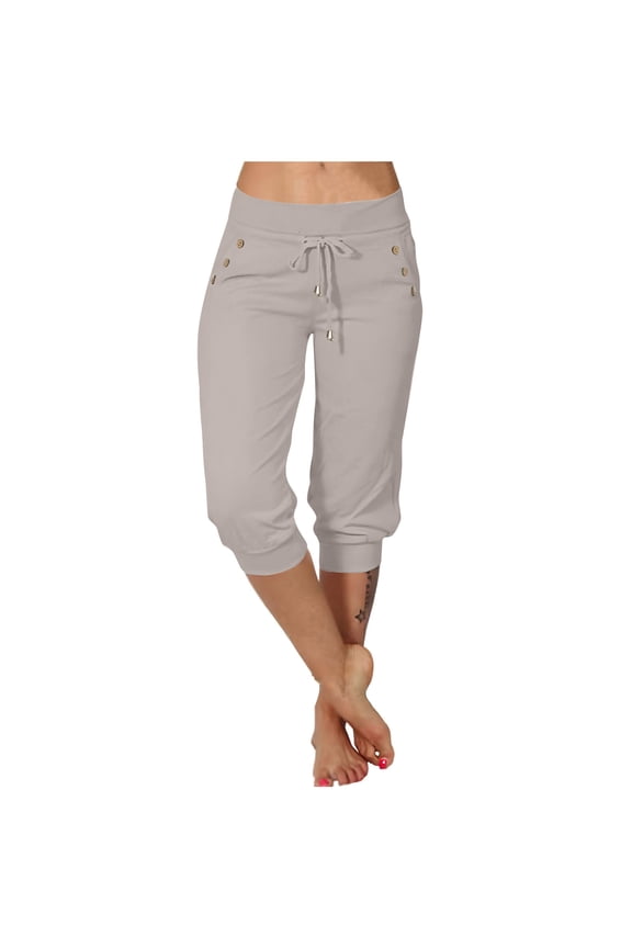 Capri Pants for Women Tight High Waisted Drawstring Button Cropped Pants Elasticated Waist Straight Leg 3/4 Casual Pants Fall Yoga Gym Workout Out Palazzo Pant with Pockets S-XXL