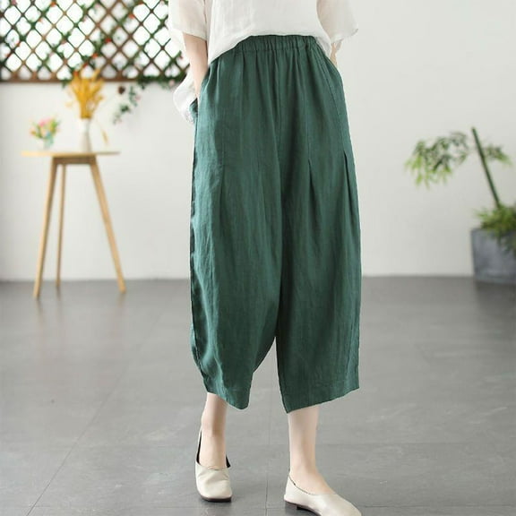 Capri Pants for Women, Xunlbb Ladies' Fashionable Solid Color Loose Elastic Waisted Lantern Pants Cotton And Linen Women's Pants Cropped Pants(Green,M)
