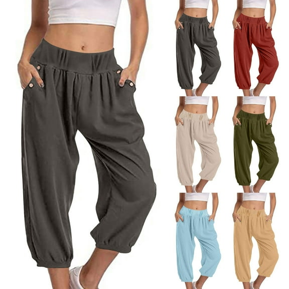 Capri Pants for Women, Xunlbb Women's Solid Color Pocket Leggings Cropped Pants Casual Women's Cropped Pants Cropped Pants Cropped Pants(Light Blue,S)