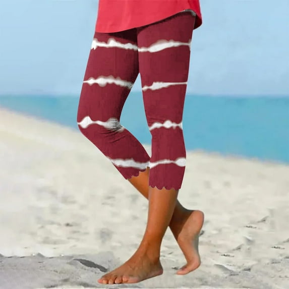 Capri Pants Women's Casual Gradient Stars Stripes Print Scalloped Hem Skinny Yoga Summer Beach Athletic Leggings(Large,Wine)
