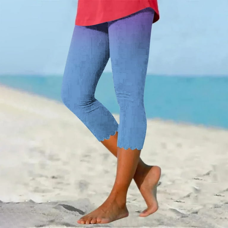 Capri Pants Women's Casual Gradient Stars Stripes Print Scalloped Hem  Skinny Yoga Summer Beach Athletic Leggings(Medium,Blue)