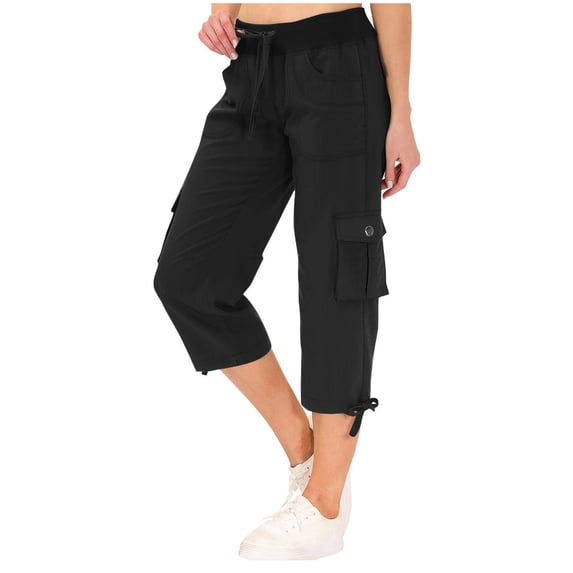 Capri Pants Women's Summer Solid Color Pocket Drawstring Slacks Capri Pants Pocket Cargo Pants Solid Mid Calf Black L