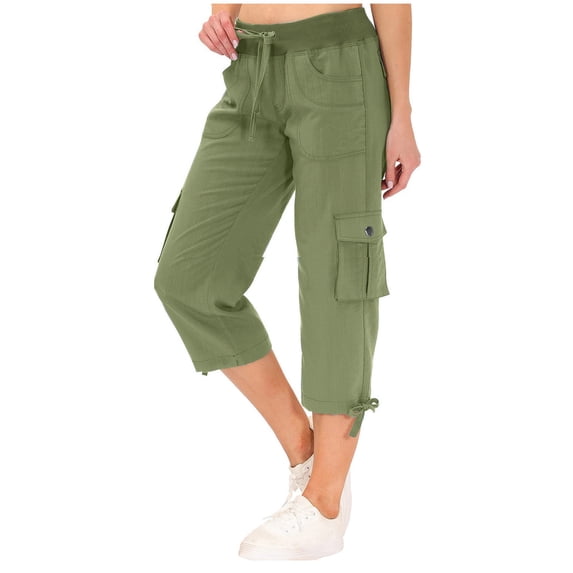 Capri Pants Women's Summer Solid Color Pocket Drawstring Slacks Capri Pants Pocket Cargo Pants Solid Mid Calf Green M