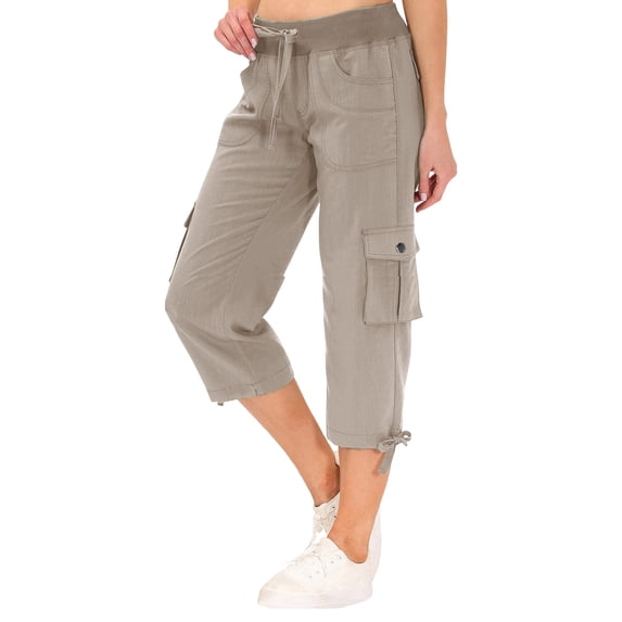 Capri Pants Women's Summer Solid Color Pocket Drawstring Slacks Capri Pants Pocket Cargo Pants Solid Mid Calf Khaki XXL