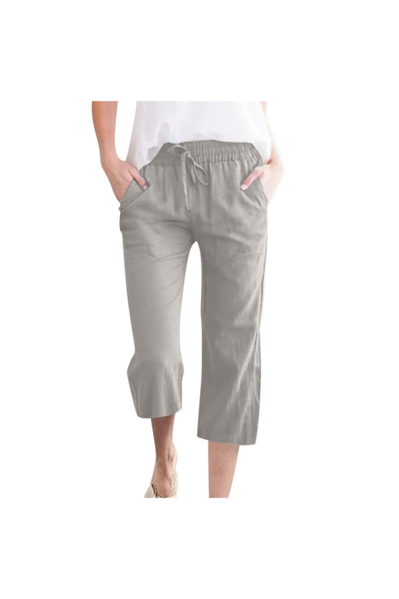 Capri Pants for Womens 2023 Summer Solid Cotton Linen Casual Cropped Trousers Drawstring Elastric Waist Beach Capris Women's Straight-Leg Capri Pants with Pockets, Gray&M