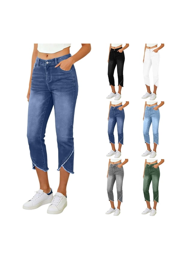 Capri Pants Womens Capri Jeans Mid-Rise Slim Fit Cross Cuff Denim Pants Summer Comfy Outdoor Jeans with 4 Pockets