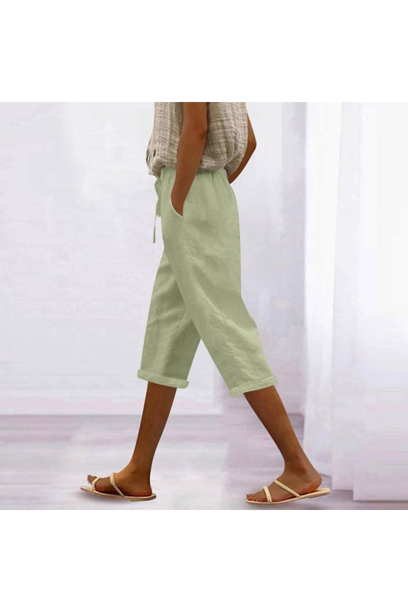 Capri Pants Womens Summer Cotton Linen Vacation Loose Drawstring Elastic High Waisted Bottom with Pocket Army Green M
