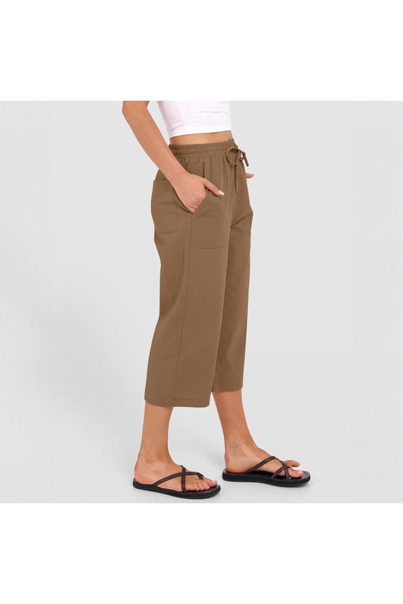 Capri Pants Womens Summer Wide Leg Below Knee Petite Pull on High Waisted Pants Drawstring Casual Trousers with Pockets Brown XL
