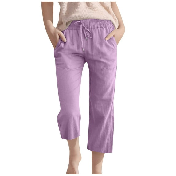 Capri Pants for Girls Casual Summer Drawstring Elastic High Waist Linen Pant Straight Wide Leg Cropped Trouser