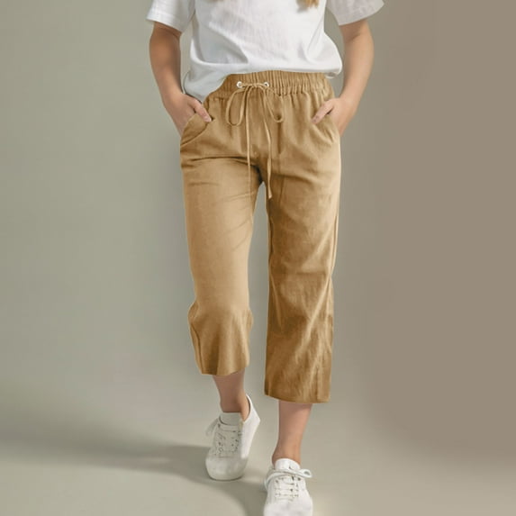 Capri Pants for Girls Summer Baggy Comfy Cotton Linen Straight Wide Leg Solid Elastic Waist Drawstring Cropped Capris