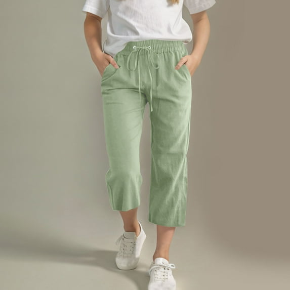 Capri Pants for Girls Summer Baggy Comfy Cotton Linen Straight Wide Leg Solid Elastic Waist Drawstring Cropped Capris
