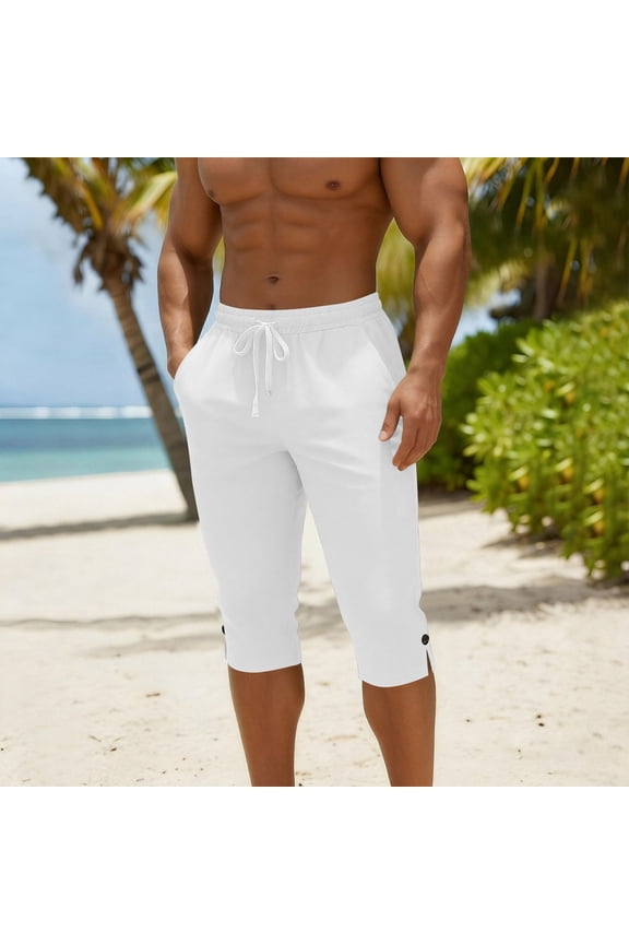 Capri Pants for Men Cotton Linen Drawstring Elastic Waist Loose Fitting Side Split Beach boho Casual Crop Pants
