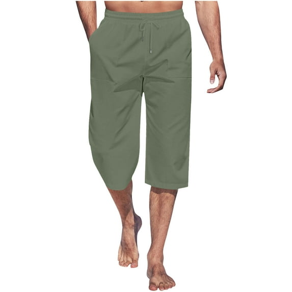 Capri Pants for Men Straight Fit Solid Color Capris with Pockets Casual Summer Cotton Linen Below Knee Pants