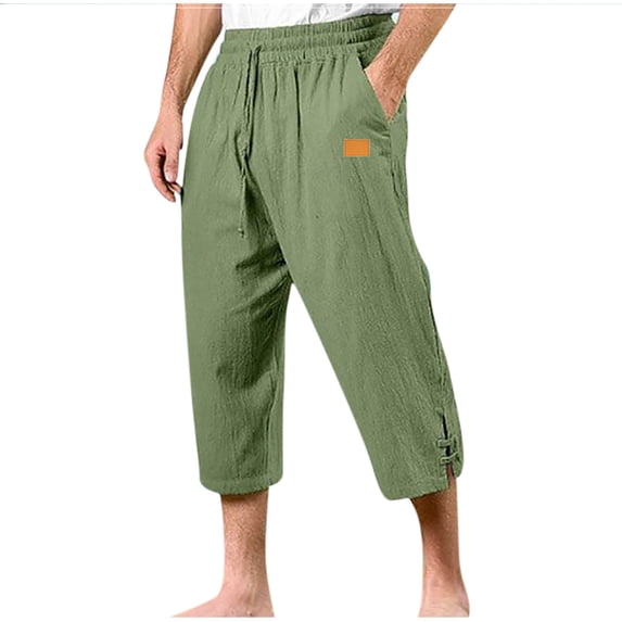 Capri Pants for Men Summer Linen Drawstring Below Knee Shorts with Pockets Casual Baggy Elastic Waist Short Pant