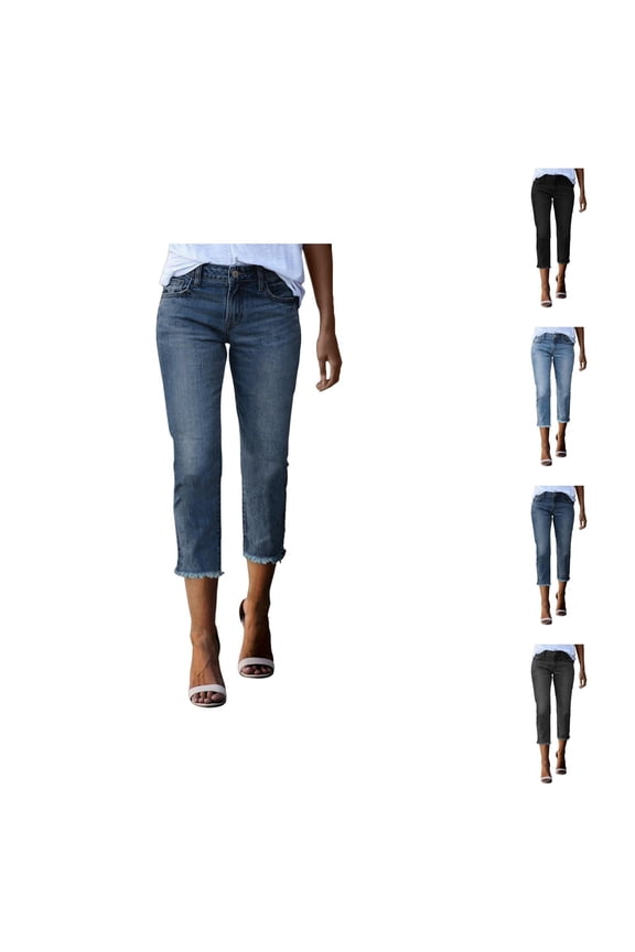 Capri Pants for Women 2025 Capri Jeans High Waist Summer Fashion Straight Leg Raw Hem Denim Womens Cropped Pants