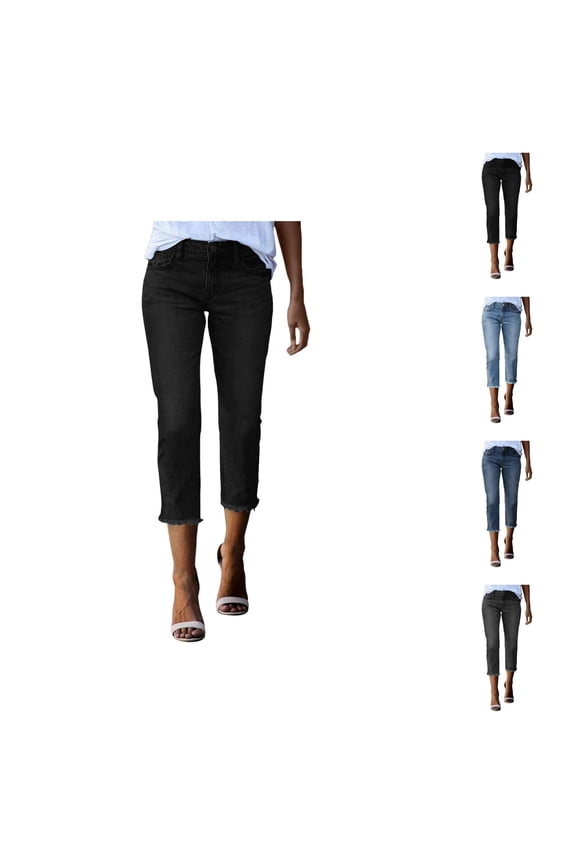 Capri Pants for Women 2025 Capri Jeans High Waist Summer Fashion Straight Leg Raw Hem Denim Womens Cropped Pants