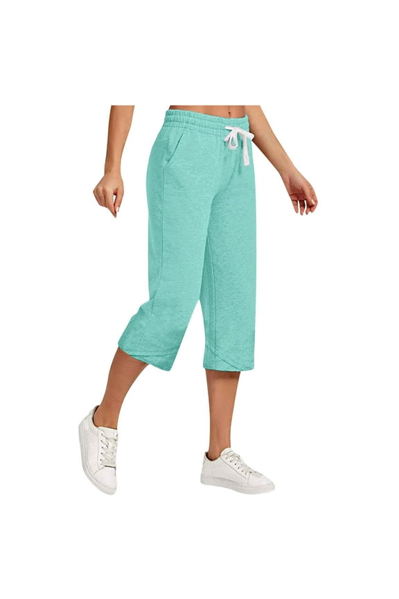 Capri Pants for Women 2025 Casual Lightweight Drawstring Waist Pedal Pushers Comfy Ruffle Hem Lounge Pants with Pockets