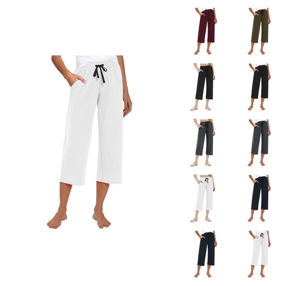 Capri Pants for Women 2025 Casual Loose Elastic Waist Straight Leg Wide Leg Capris with Pockets Womens Cropped Pants