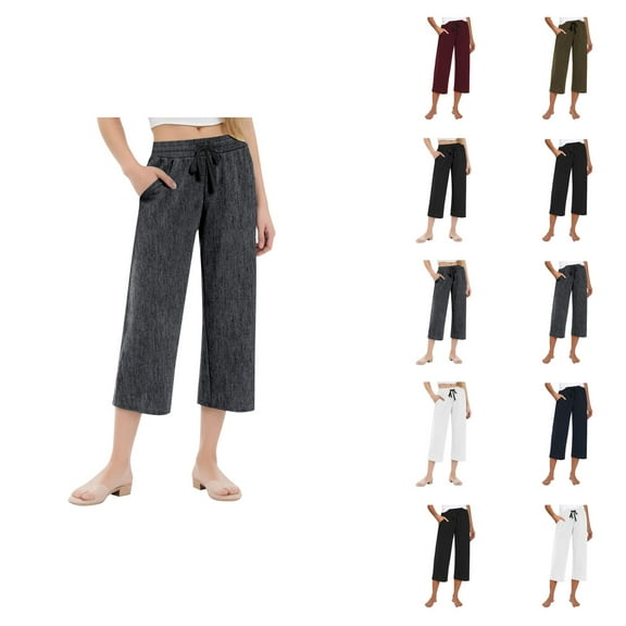 Capri Pants for Women 2025 Casual Loose Elastic Waist Straight Leg Wide Leg Capris with Pockets Womens Cropped Pants