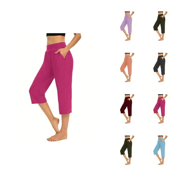 Capri Pants for Women 2025 Casual Loose High Waist Stretchy Straight Leg Capris with Pockets Womens Cropped Pants