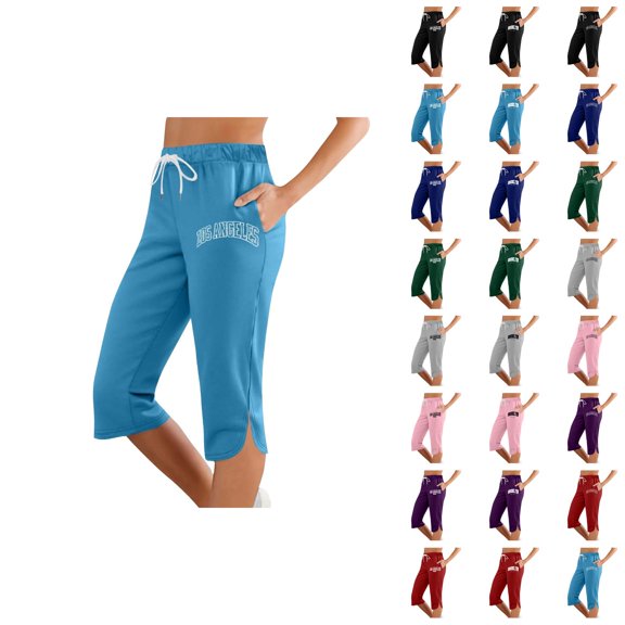 Capri Pants for Women 2025 City Printed Slim Fit Mid Elastic Waist Casual Capris with Pockets Womens Cropped Pants