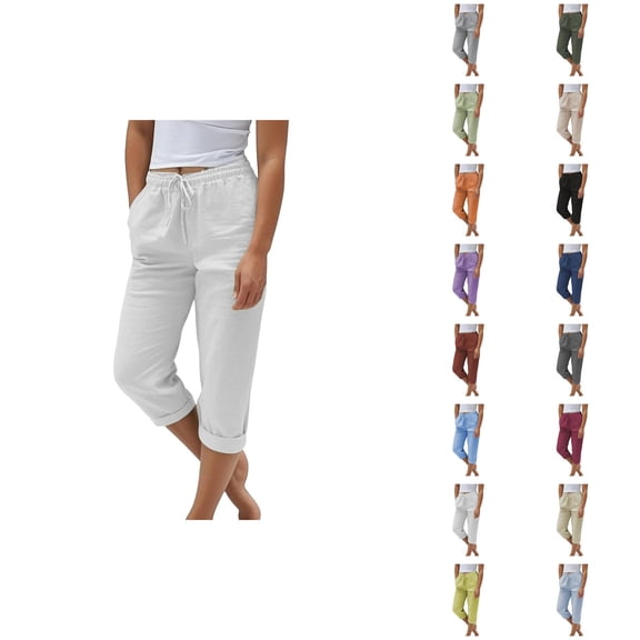 Capri Pants for Women 2025 Cotton Linen Elastic High Waisted Straight Leg Capris with Pockets Womens Cropped Pants