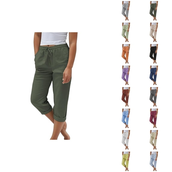 Capri Pants for Women 2025 Cotton Linen Elastic High Waisted Straight Leg Capris with Pockets Womens Cropped Pants
