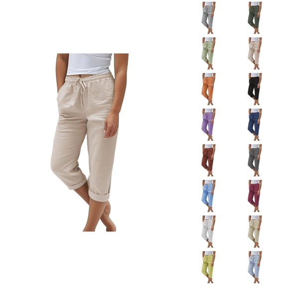 Capri Pants for Women 2025 Cotton Linen Elastic High Waisted Straight Leg Capris with Pockets Womens Cropped Pants