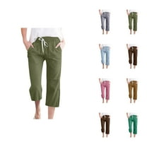 Capri Pants for Women 2025 Cotton Linen Elastic Waist Drawstring Straight Leg Capris with Pockets Womens Cropped Pants