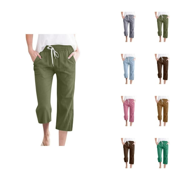 Capri Pants for Women 2025 Cotton Linen Elastic Waist Drawstring Straight Leg Capris with Pockets Womens Cropped Pants