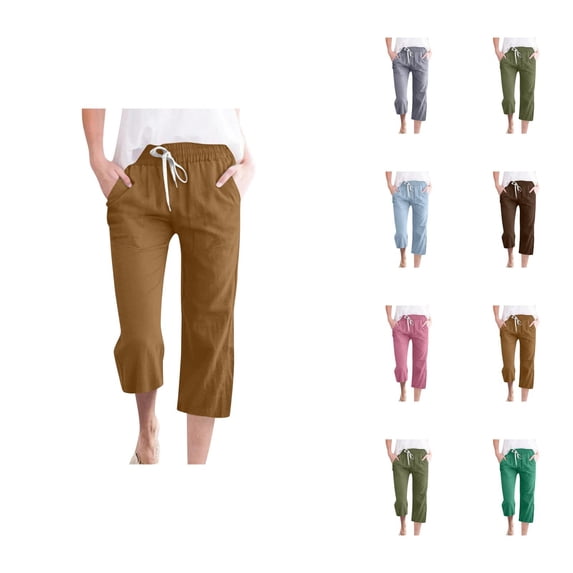 Capri Pants for Women 2025 Cotton Linen Elastic Waist Drawstring Straight Leg Capris with Pockets Womens Cropped Pants