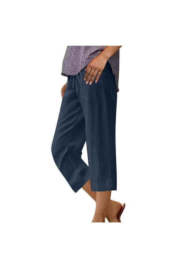Capri Pants for Women Cotton Linen Pull on Crop Trousers Drawstring Elastic Waisted Loose Summer Crop Pants with Pockets