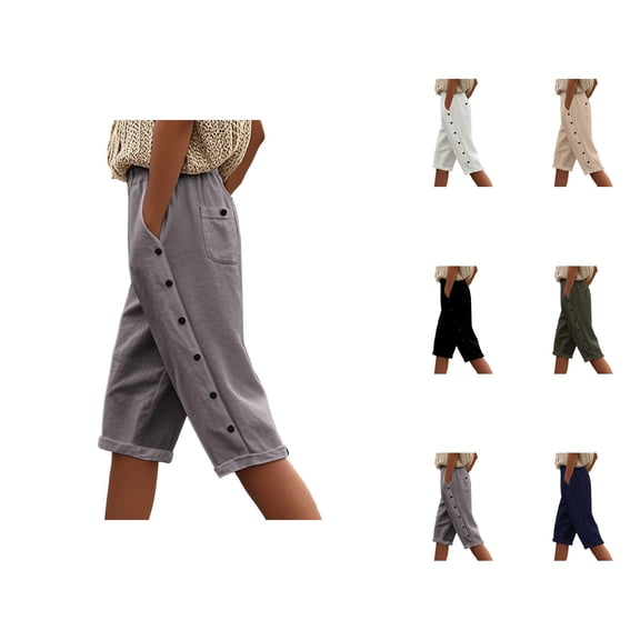 Capri Pants for Women 2025 Elastic High Waist Button Lightweight Casual Loose Capris with Pockets Womens Cropped Pants