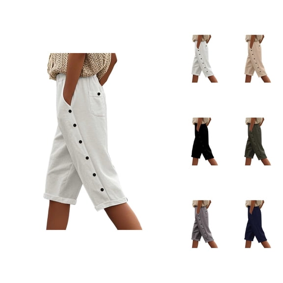 Capri Pants for Women 2025 Elastic High Waist Button Lightweight Casual Loose Capris with Pockets Womens Cropped Pants