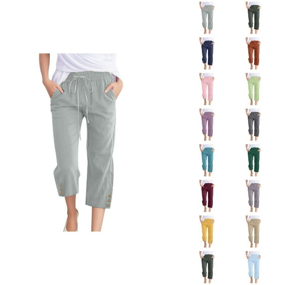 Capri Pants for Women 2025 Elastic Waist Drawstring Casual Loose Straight Leg Capris with Pockets Womens Cropped Pants