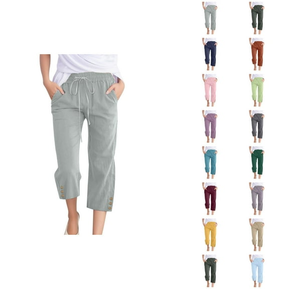 Capri Pants for Women 2025 Elastic Waist Drawstring Casual Loose Straight Leg Capris with Pockets Womens Cropped Pants