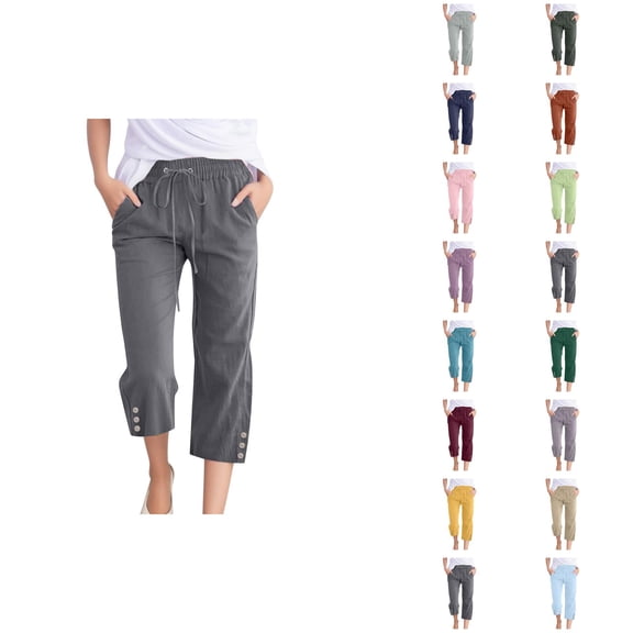 Capri Pants for Women 2025 Elastic Waist Drawstring Casual Loose Straight Leg Capris with Pockets Womens Cropped Pants