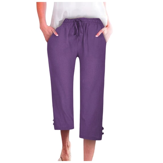 Capri Pants for Women 2025 Elastic Waist Loose Breathable Linen Casual Capris with Pockets Womens Cropped Pants