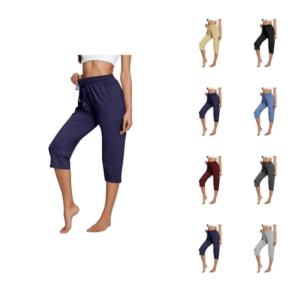Capri Pants for Women 2025 Elastic Waist Straight Leg Casual Loose Capris with Pockets Womens Cropped Pants